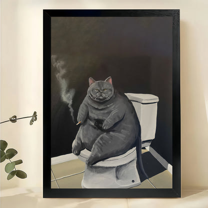 Chonky Cat on Toilet Smoking – Humorous Classic Art Parody Wall Art on Natural Wood Canvas | W836