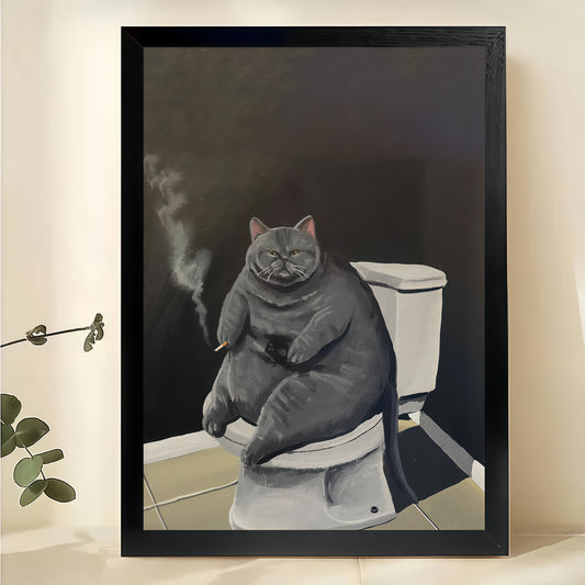 Chonky Cat on Toilet Smoking – Humorous Classic Art Parody Wall Art on Natural Wood Canvas | W836