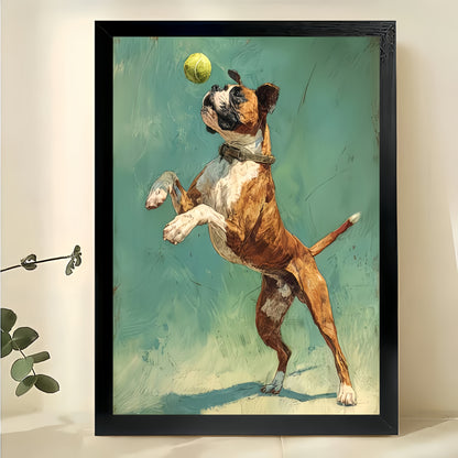 Vintage Oil Painting Style Boxer Dog Catching Ball – Dynamic Pet Wall Art on Natural Wood Canvas | W712