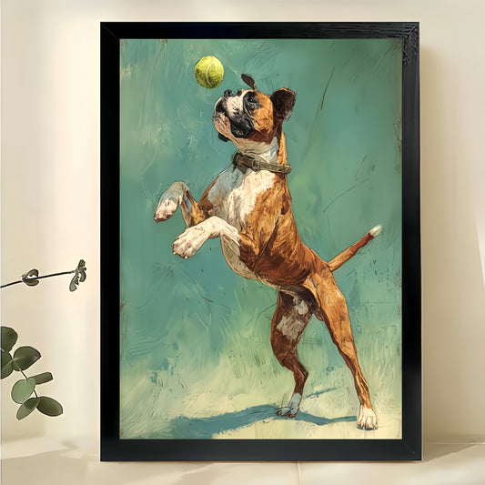 Vintage Oil Painting Style Boxer Dog Catching Ball – Dynamic Pet Wall Art on Natural Wood Canvas | W712