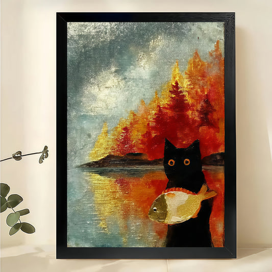 Black Cat with Fish by Autumn Lake – Vintage Landscape Wall Art on Natural Wood Canvas | W914