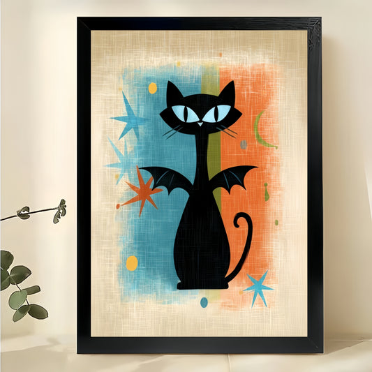 Retro Bat Cat – Mid-Century Modern Abstract Cat Wall Art on Natural Wood Canvas | W2013