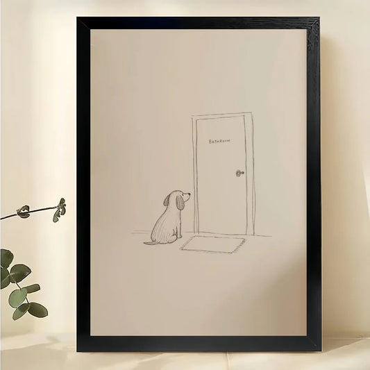 Dog Waiting at the Door Line Art Wall Art – Simple Hand-Drawn Pet Canvas Print on Natural Wood Frame | W2250