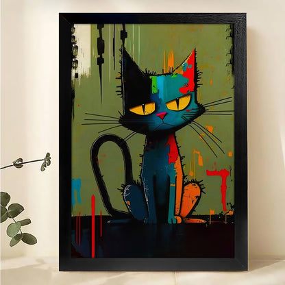 The Moody Abstract Cat – Bold Artistic Feline Wall Art on Natural Wood Grain Canvas | W502