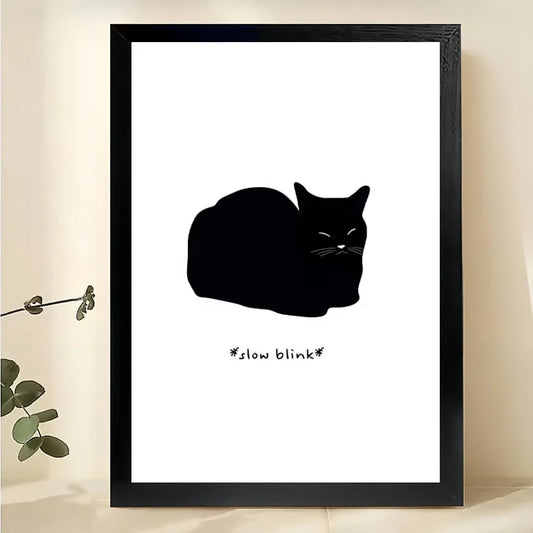 Minimalist Black Cat “Follow Blink” – Sleek Monochrome Wall Art on Natural Wood Canvas | W777