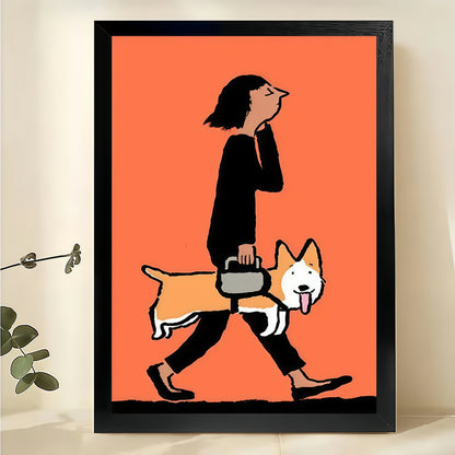 Woman Walking with Corgi Wall Art – Minimalist Orange Background Canvas Print on Natural Wood Frame | W2419
