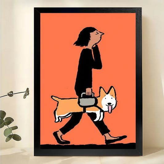 Woman Walking with Corgi Wall Art – Minimalist Orange Background Canvas Print on Natural Wood Frame | W2419