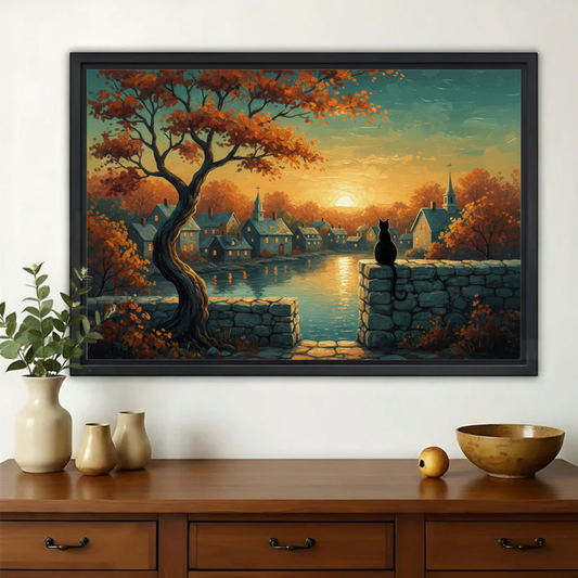 Autumn River Town Black Cat – Vintage Landscape Wall Art on Natural Wood Canvas | W900