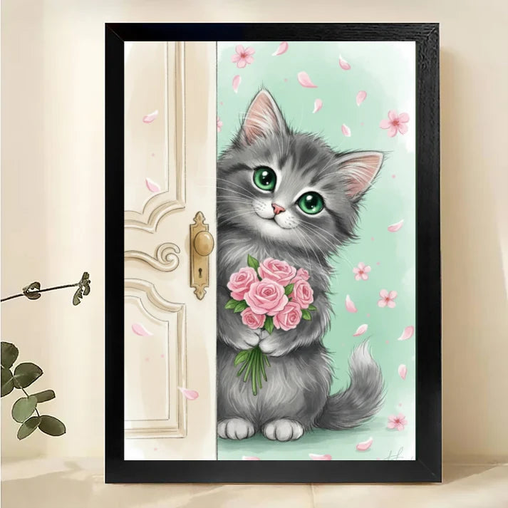 Cute Kitten with Roses Canvas Art – Adorable Cat Peeking Wall Print|W1002