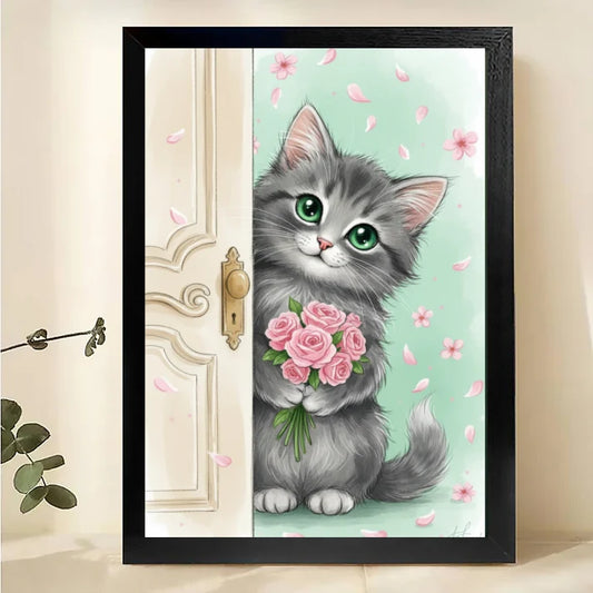 Cute Kitten with Roses Canvas Art – Adorable Cat Peeking Wall Print|W1002