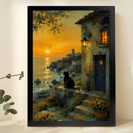 Sunset Coastal Black Cat Wall Art – Vintage Impressionist Cat Canvas Print on Natural Wood Frame | W2406