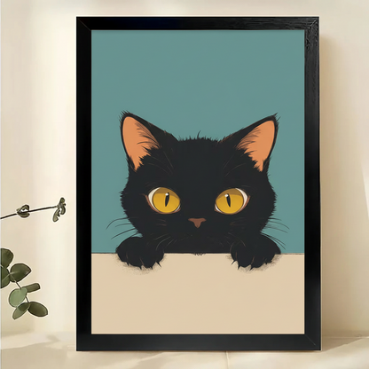 The Peeking Black Cat – Minimalist Cute Wall Art on Natural Wood Canvas | W620