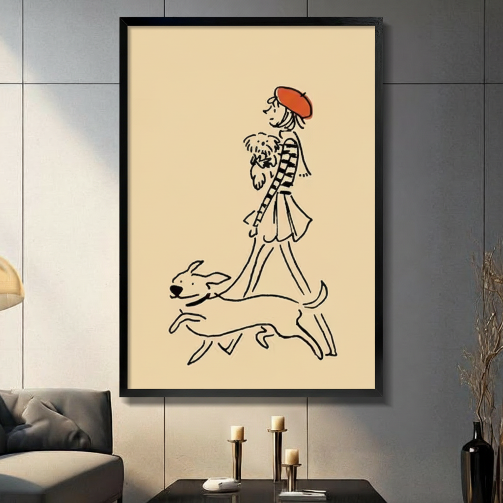 Parisian Girl Dogs Walk Minimalist Line Art Canvas Print w6013