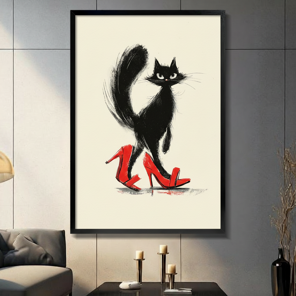 Chic Black Cat Red Heels Canvas Art w6610