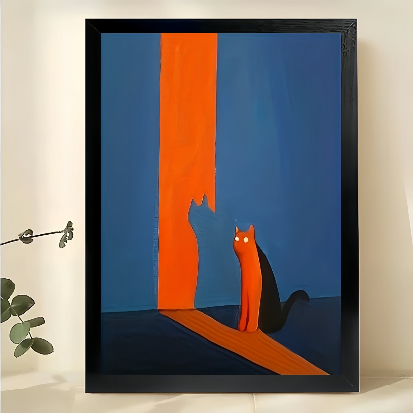Orange Cat in Blue & Orange Hallway – Minimalist Mid-Century Wall Art on Natural Wood Canvas | W937