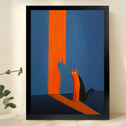 Orange Cat in Blue & Orange Hallway – Minimalist Mid-Century Wall Art on Natural Wood Canvas | W937