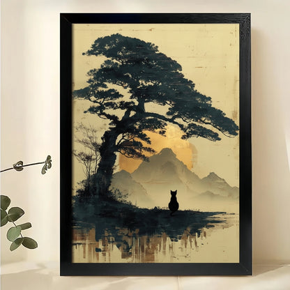 Black Cat in Japanese Mountain Landscape – Ukiyo-e Style Wall Art on Natural Wood Canvas | W872