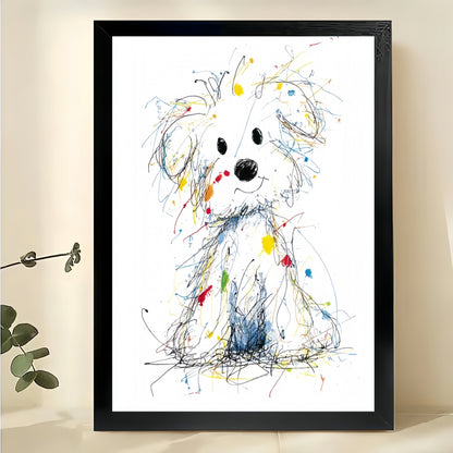 Colorful Scribble Style White Dog – Playful Abstract Wall Art on Natural Wood Canvas | W761