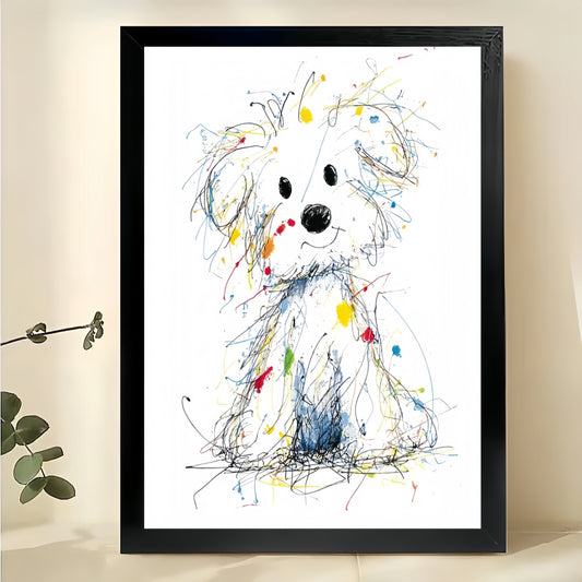 Colorful Scribble Style White Dog – Playful Abstract Wall Art on Natural Wood Canvas | W761