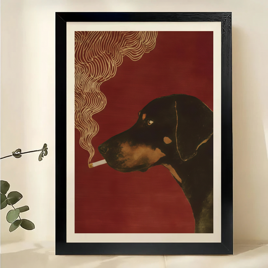 Smoking Doberman – Vintage Retro Dog Wall Art on Natural Wood Canvas | W2038