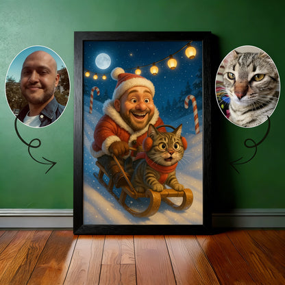 Custom Christmas Pet Portrait,Personalized Gift, Funny Santa Cat & Owner Illustration Wall Art,Holiday Home Decor