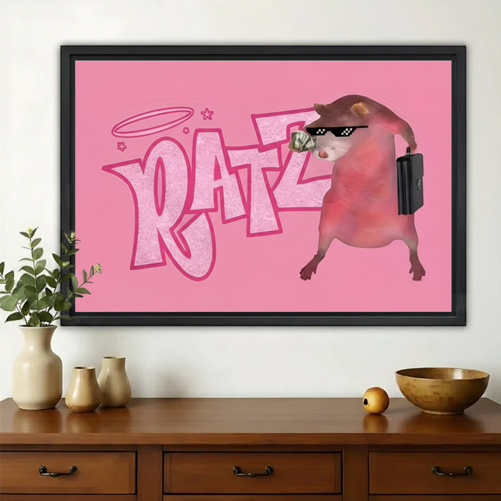 Funny Pink "RATZ" Rat Banner Wall Art – Humorous Retro Rat Canvas Print | W2081