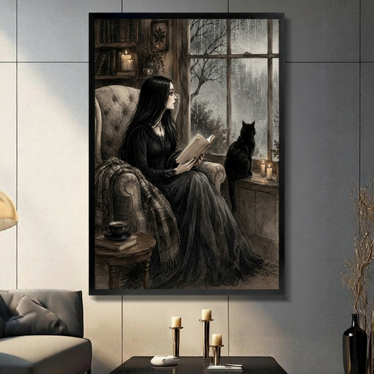 Gothic Reader Black Cat Rainy Window Dark Academia Canvas Wall Art w7313