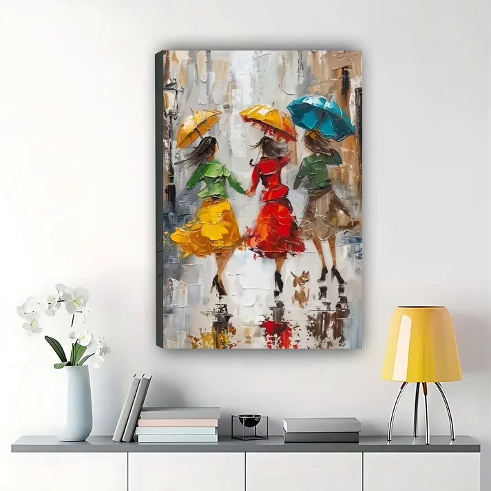 Rainy Day Ladies Canvas Art – Colorful Umbrellas Impressionist Wall Print|W1003