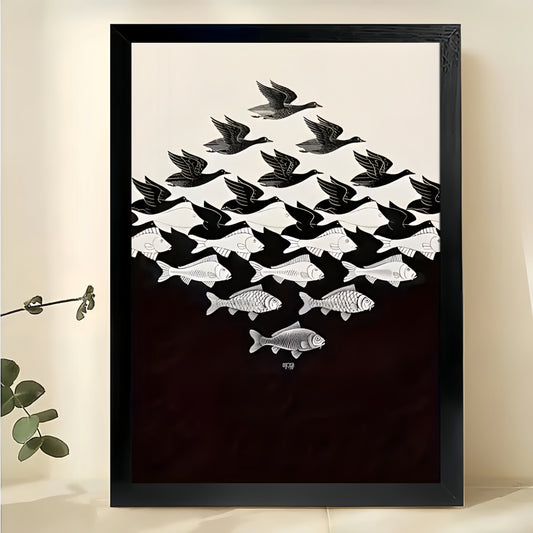 The Bird Fish Reversible Illusion – Minimalist Mind-Bending Wall Art on Natural Wood Canvas | W630