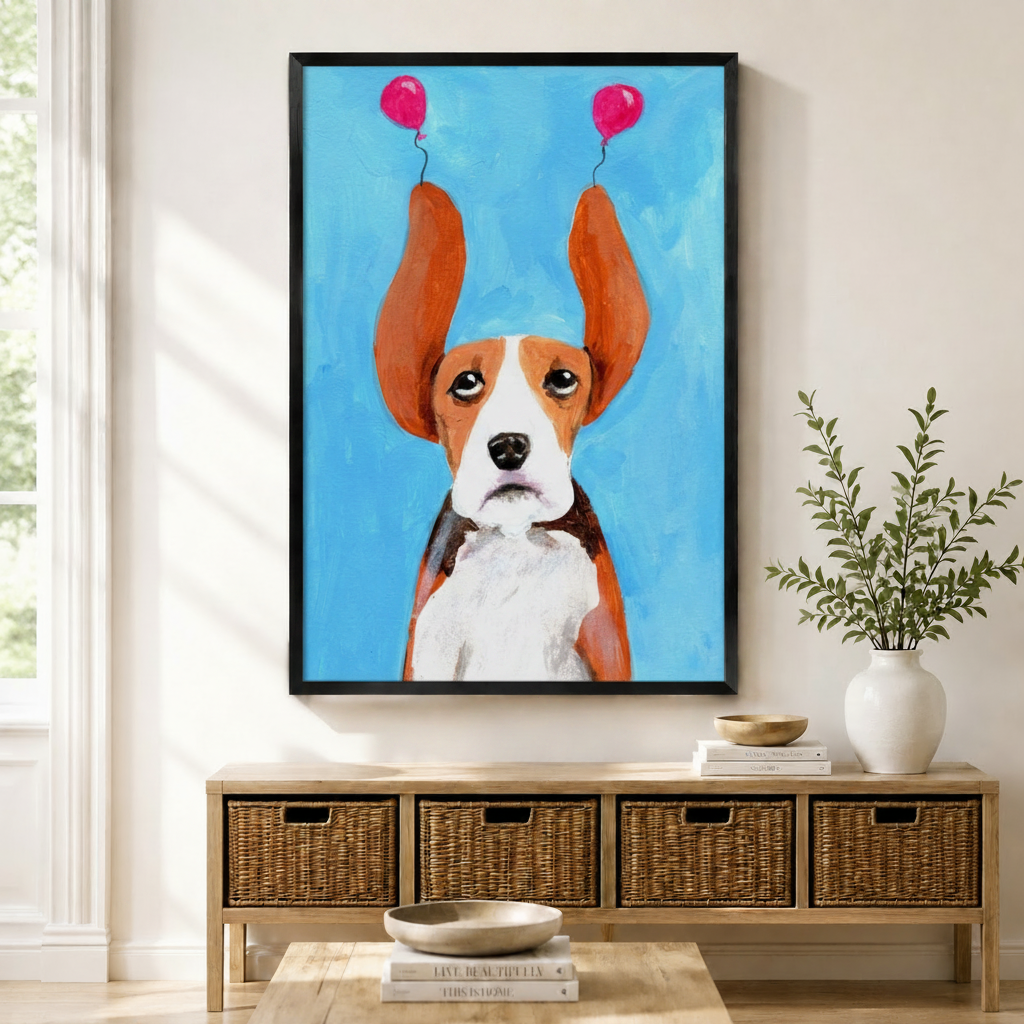 Framed beagle dog wall art with pink balloons on ears, displayed above a wicker console table in a bright entryway
