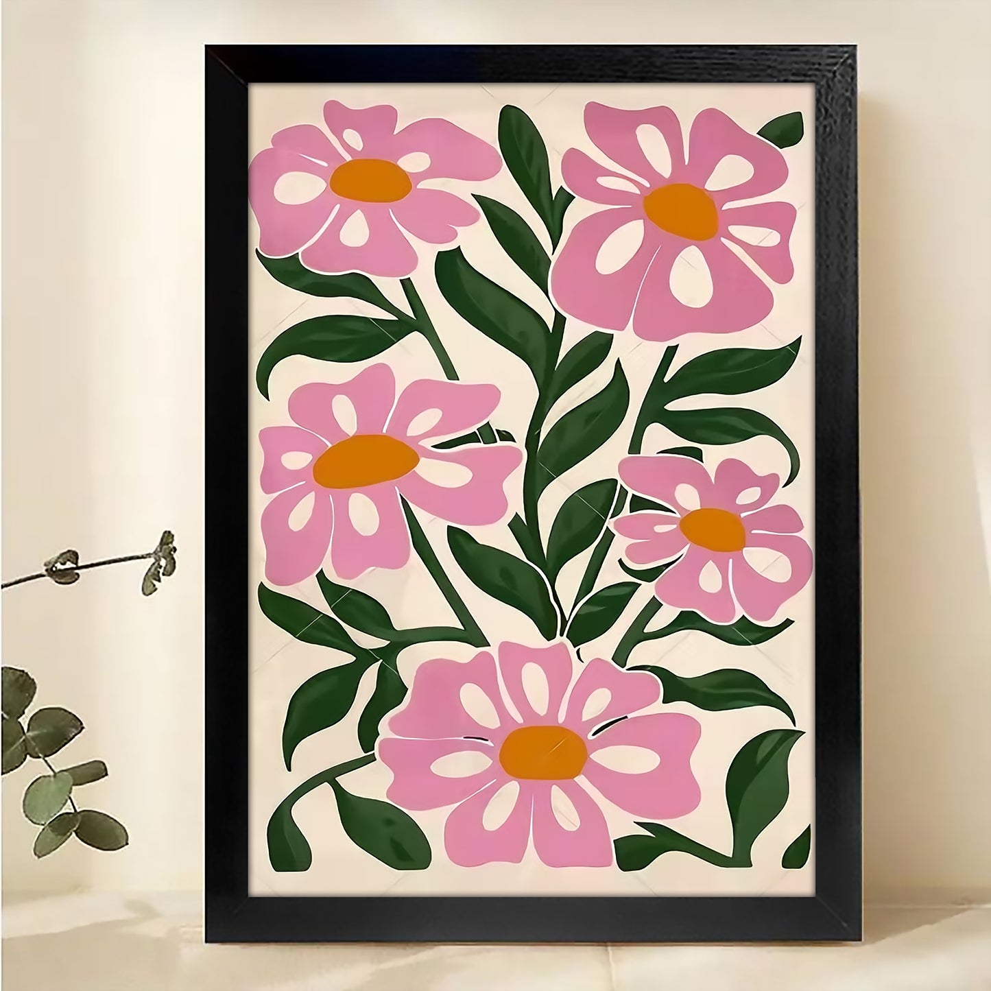 Pink Floral Pattern – Vibrant Botanical Wall Art on Natural Wood Canvas | W505