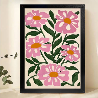 Pink Floral Pattern – Vibrant Botanical Wall Art on Natural Wood Canvas | W505