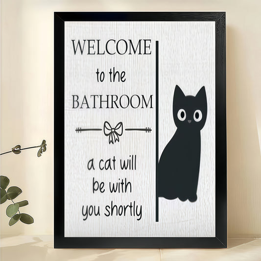 Welcome to the Bathroom Minimalist Black Cat – Humorous Bathroom Wall Art on Natural Wood Canvas | W946