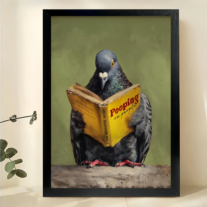 Pigeon Reading “Pooping” Book – Humorous Bathroom Wall Art on Natural Wood Canvas | W894