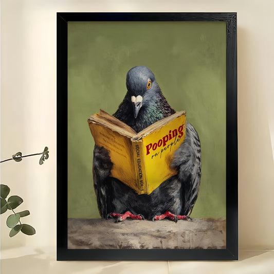 Pigeon Reading “Pooping” Book – Humorous Bathroom Wall Art on Natural Wood Canvas | W894