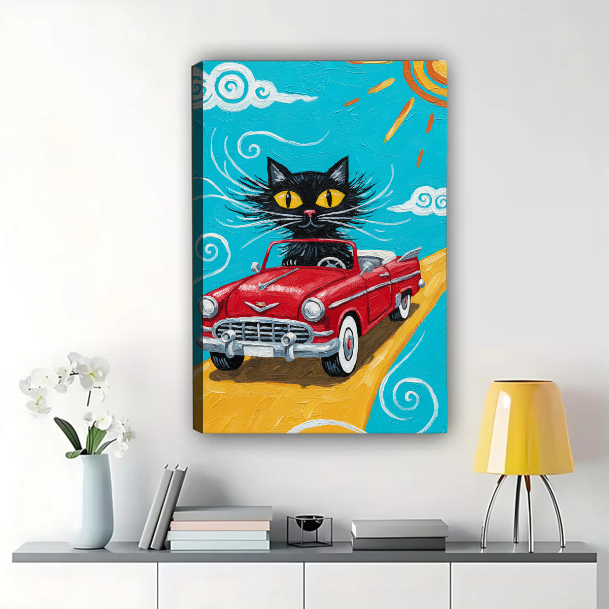 Black Cat in Vintage Red Car Art - Retro Road Trip Decor|W1110