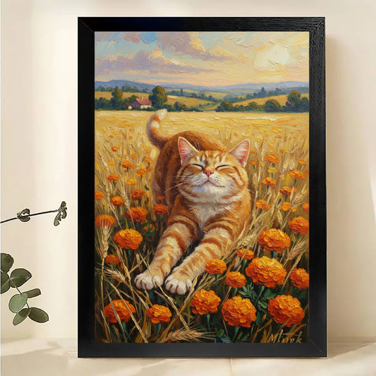 Happy Cat in Wheat Field Wall Art - Countryside Landscape Print| W1047