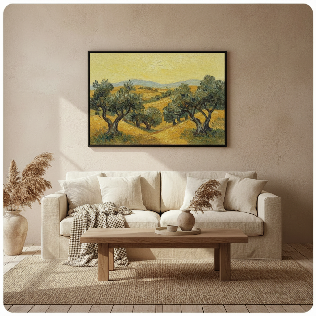 Framed olive grove canvas print displayed above sofa in classic American living room