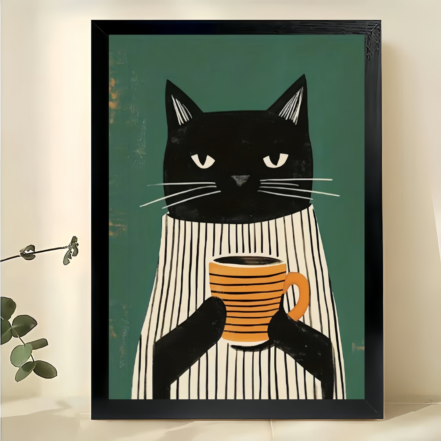 Retro Black Cat in Striped Shirt with Coffee Cup – Cozy Green Background Wall Art on Natural Wood Canvas | W732