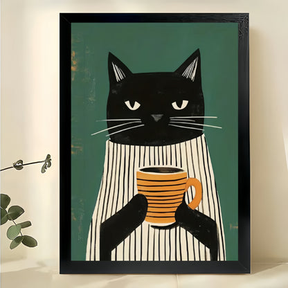 Retro Black Cat in Striped Shirt with Coffee Cup – Cozy Green Background Wall Art on Natural Wood Canvas | W732