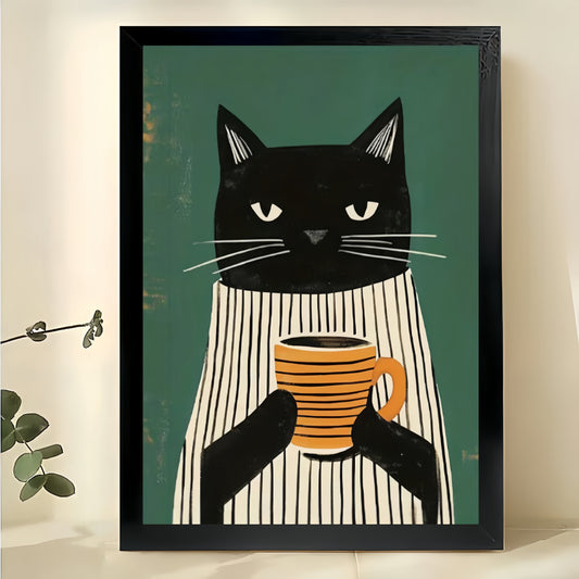 Retro Black Cat in Striped Shirt with Coffee Cup – Cozy Green Background Wall Art on Natural Wood Canvas | W732