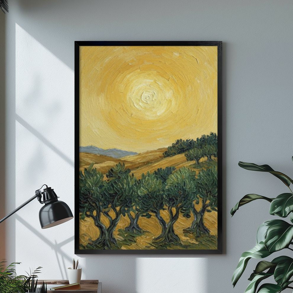 Van Gogh style olive tree framed canvas wall art – golden swirling sky in living room