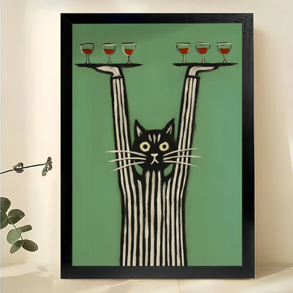 Black Cat Balancing Wine Glasses – Whimsical Bar-Themed Wall Art on Natural Wood Canvas | W820