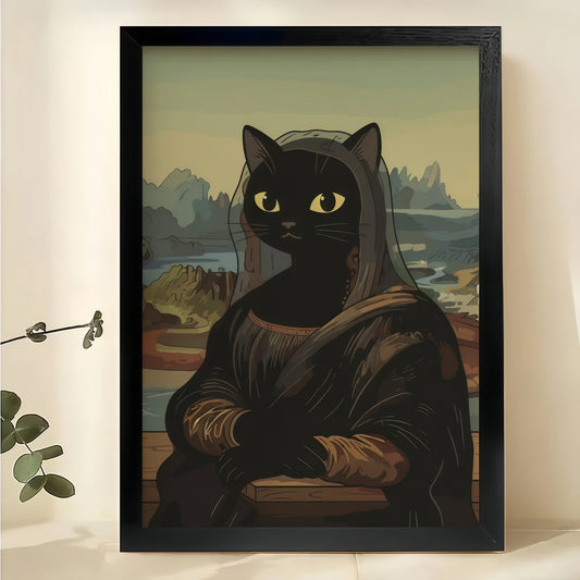 Mona Lisa Black Cat Parody – Classic Art Humorous Wall Art on Natural Wood Canvas | W920