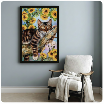 Watercolor cat floral wall art beside accent chair