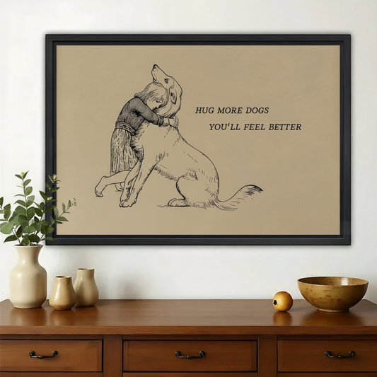 Hug More Dogs – Minimalist Line Art Pet Wall Decor on Natural Wood Canvas | W991