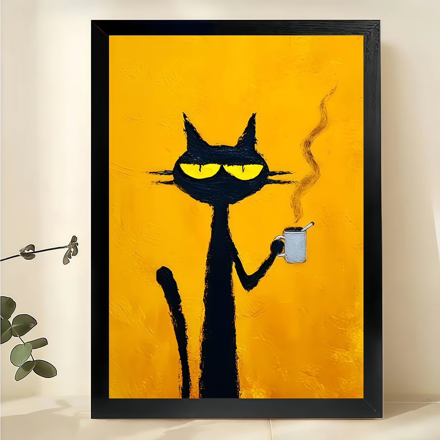 Retro Black Cat with Coffee & Pipe – Bold Yellow Background Wall Art on Natural Wood Canvas | W718