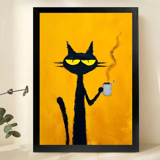 Retro Black Cat with Coffee & Pipe – Bold Yellow Background Wall Art on Natural Wood Canvas | W718