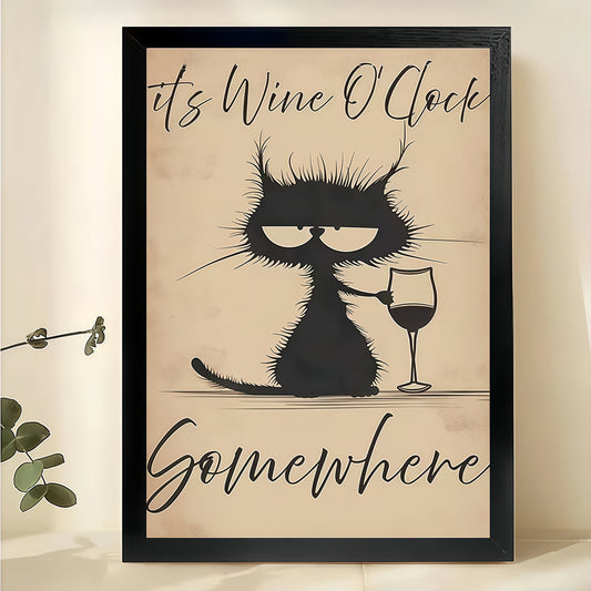 Wine O'Clock Cat – Whimsical Pet Quote Garden Flag Wall Art on Natural Wood Canvas | W2006