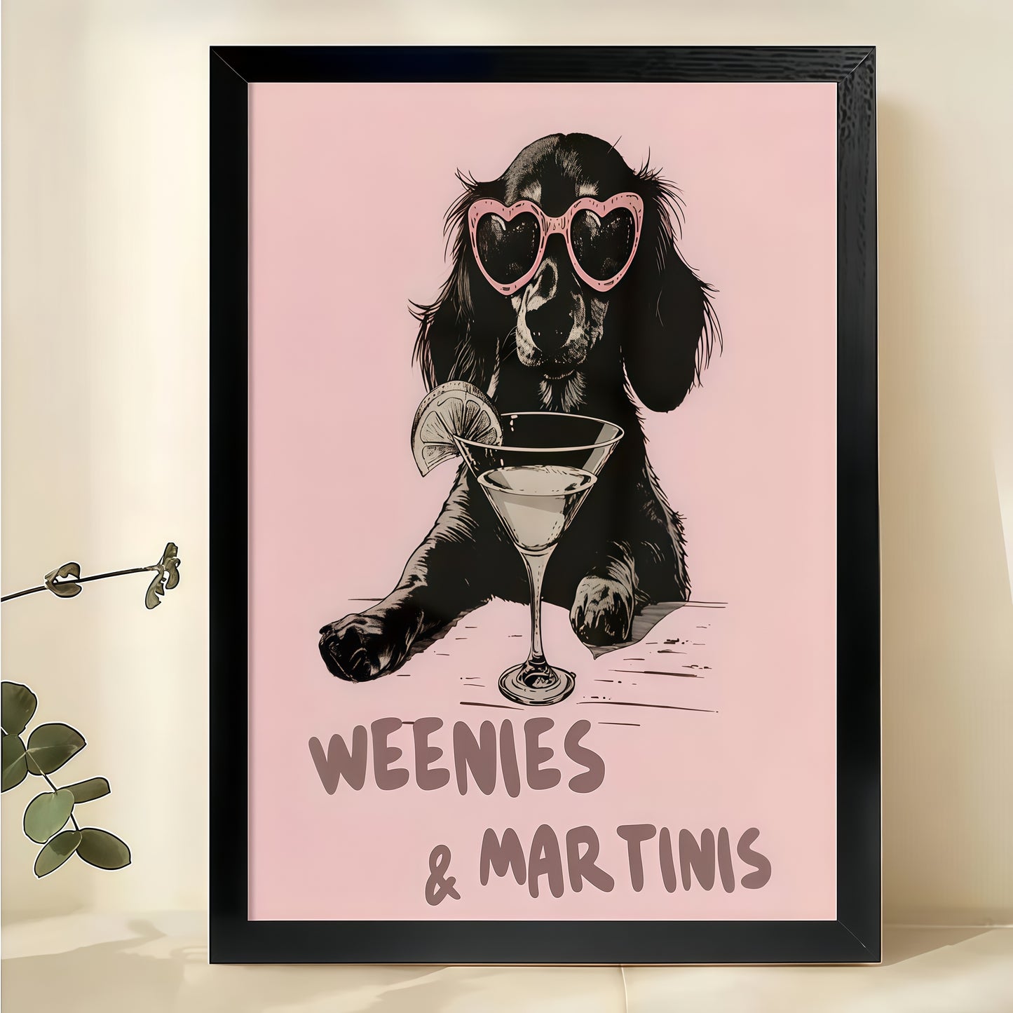 Weenies & Martinis Dachshund with Heart Sunglasses – Retro Cocktail Wall Art on Natural Wood Canvas | W930